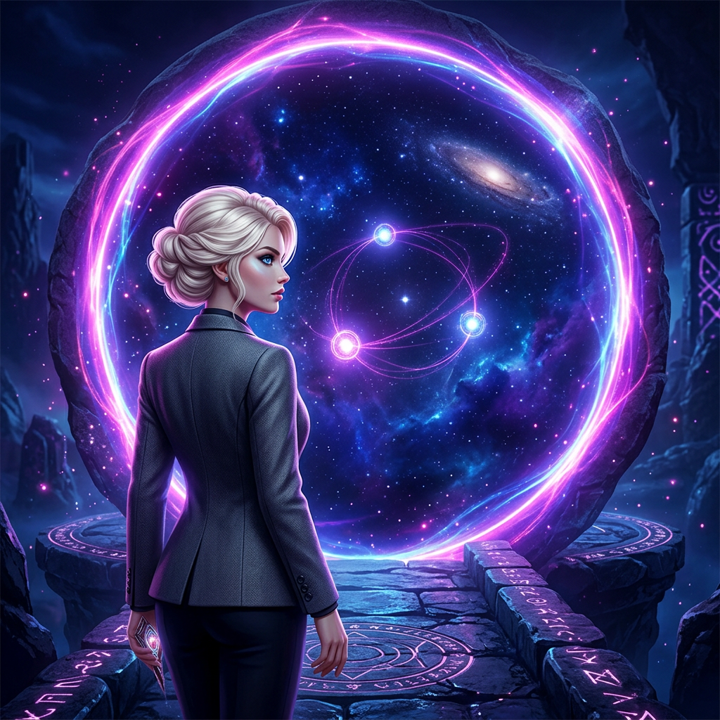 Zireael standing before a glowing portal opening onto three orbiting worlds